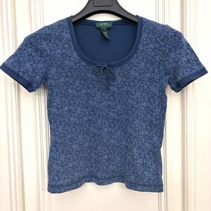 Lauren Ralph Lauren Blue Floral Women's Top Short Sleeve Y2K Size P/P Petite